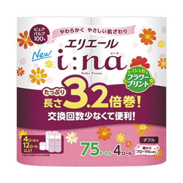 贅沢な花の香りが広がる、エリエールi：na（イーナ）トイレットティシュー 3.2倍巻 フラワープリント ダブル 芯あり 75m 1パック（4ロール）【×5セット】 (まとめ）大王製紙 エリエールi：n
