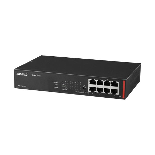 高信頼設計で安定稼働する、Po EスイッチングHUB高信頼性・安定性の高速Giga Po Eスイッチ 8ポート搭載でスタイリッシュなデザイン ネットワークの安定稼働と高パフォーマンスを提供 黒 バッフ