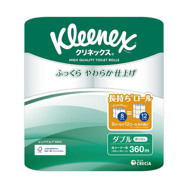 やわらかさそのままに、長持ちクリネックス。やわらかさそのまま、持続する快適さ 日本製 国産 のクレシアが贈る、長持ちダブルロールセット 45mの充実したボリュームで、64ロールが8パックに詰まっていま