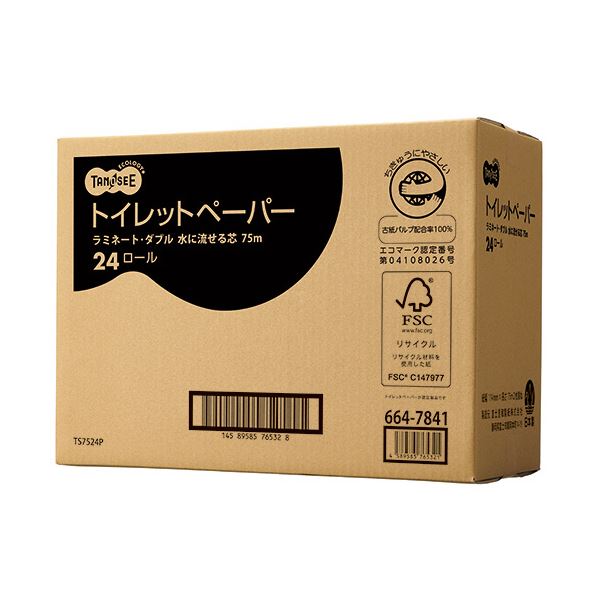 少量でしっかり拭けるダブルロール!1ケースで経済的 水に流せる芯で環境にも優しい しっかり拭けるダブルロール まとめてお得にGET TANOSEE トイレットペーパー ダブル 75m 24ロール×6パ