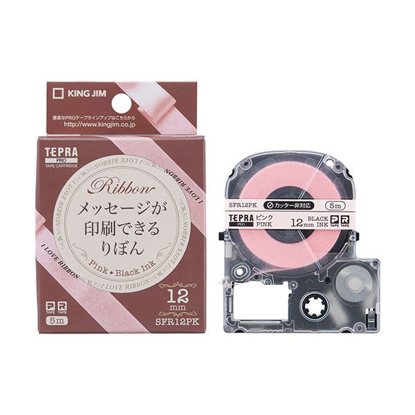 ラベルライター・カッティングマシン テプラ用カートリッジ美しさと実用性を兼ね備えた、テプラ用カートリッジの革命 鮮やかなピンクのりぼんテープで、12mmの幅広い用途に対応 黒文字が際立ち、プロフェッシ