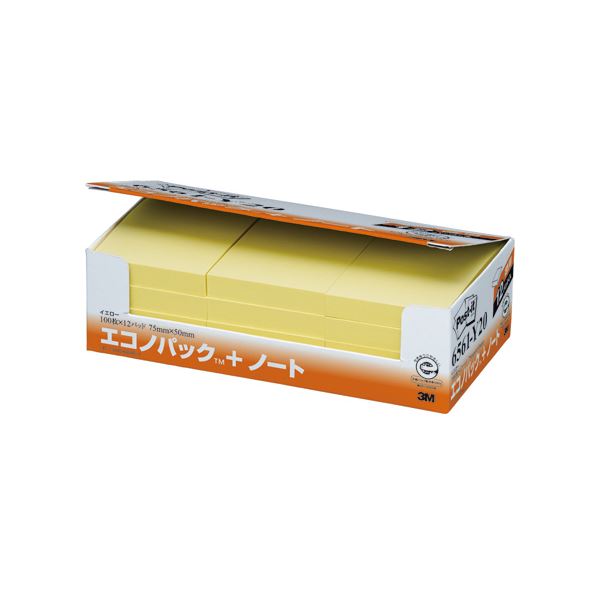 ノート・ふせん・紙製品 ふせん 普通粘着エコな再生紙で、使いやすいサイズのイエローノート 12冊セットでお得にGET ノート・ふせん・紙製品の必需品 黄 （まとめ） 3M ポストイット エコノパック 