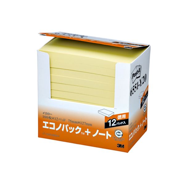 ノート・ふせん・紙製品 ふせん 普通粘着エコな再生紙で作られた、便利なサイズのイエローポストイット まとめて12冊入りのエコノパックでお得にGET ノート・ふせん・紙製品の必需品、普通粘着の新定番 黄