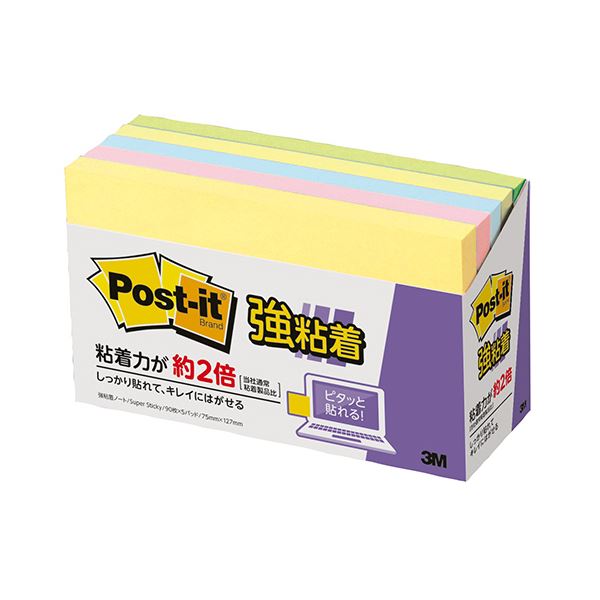 パソコンやパーティションなど、デスクまわりのつきにくい場所にも、しっかり貼れてキレイにはがせる強粘着タイプ。75×125mm特大ノートサイズ。デスク (テーブル 机) まわりの隅々まで 3Mポスト・イ