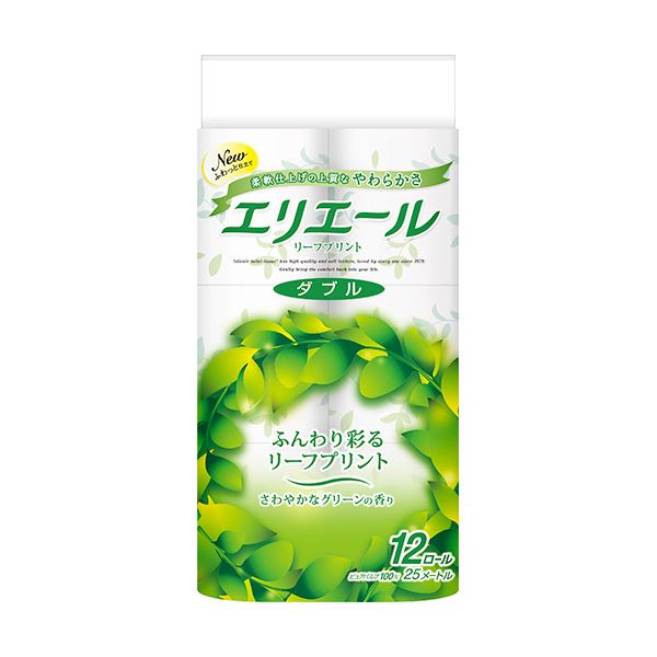 トイレ空間を彩るプリント柄。トイレ空間を彩る、香り高き芯ありプリント柄の至福体験 エリエールトイレットティシュー リーフプリント ダブル 芯あり 香りつき 25m 1パック（12ロール）【×10セット