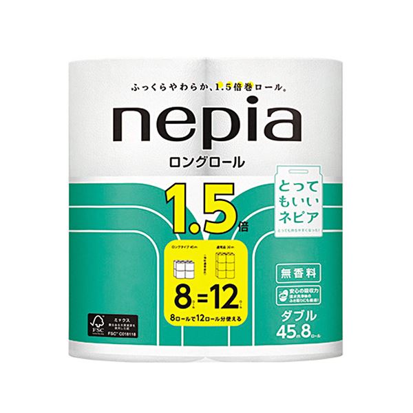 12ロール分の長さが、ぎゅっと8ロールに。8ロールにぎゅっと詰まった、まるで12ロール分の長さ 驚きのロングロール ダブル芯あり 45mのネピアパックが10セット （まとめ）王子ネピア ネピア ロング