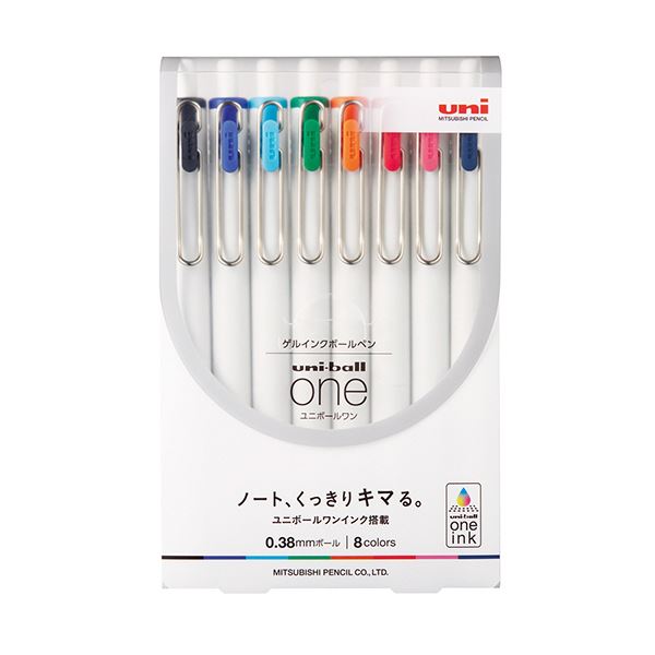 「ユニボールワンインク」搭載により、鮮やかなカラーでくっきり書ける。鮮やかな色彩で印象深く 三菱鉛筆のゲルインクボールペン、ユニボール ワン 0.38mm 8色セットがお得な1パック×5セットで登場 