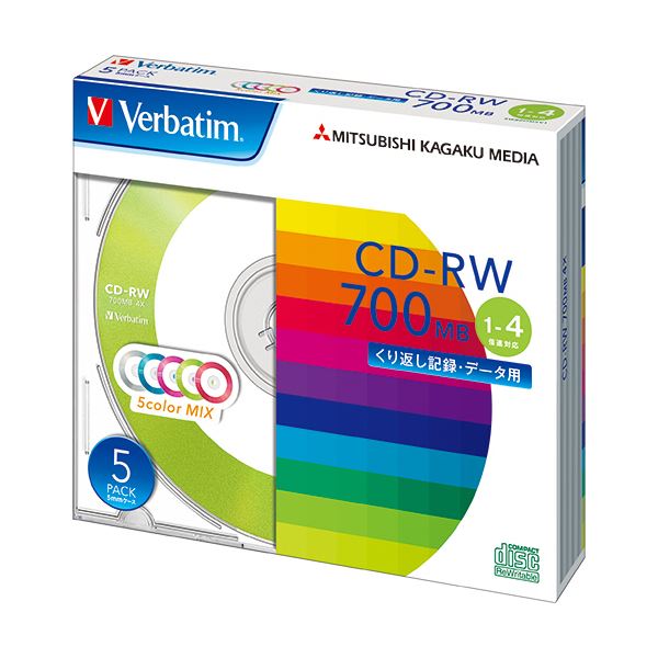 データをくり返し書き込めるPCデータ用CD-RW。データを繰り返し保存できる便利なCD-RW 容量700MB、4倍速で高速書き込み 5色カラーミックスのスリムケース付き SW80QM5V1 1パック(