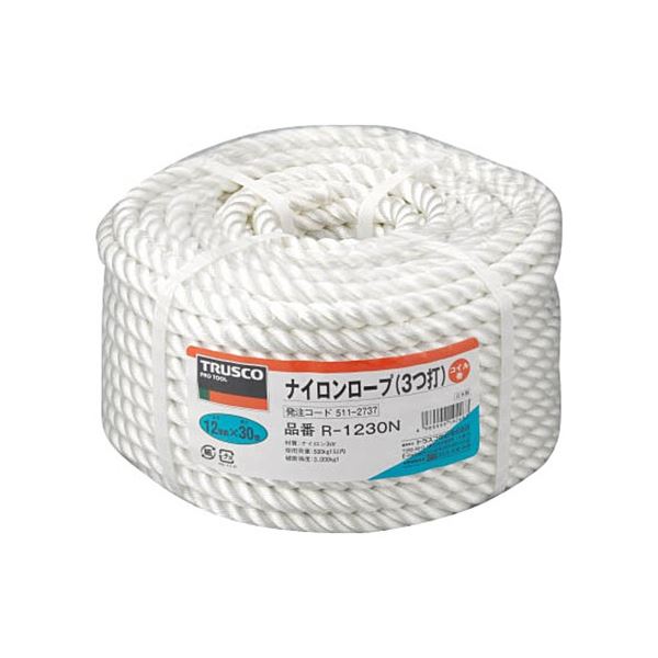 3つ打タイプ頼りになるパワフルナイロンロープ 丈夫で使いやすく、作業効率をアップさせます TRUSCO ナイロンロープ 12mm×30m コイル巻 R-1230N 1巻◇関連： 生活用品／インテリア／