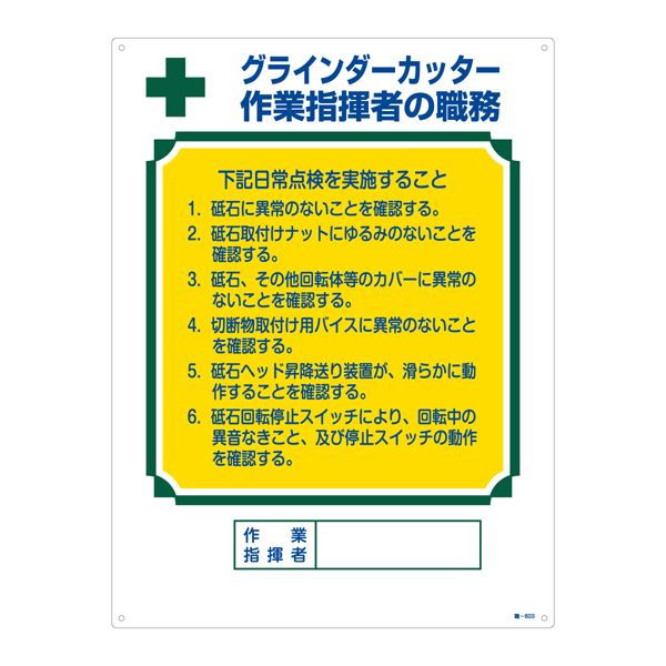 作業現場の指揮官に相応しい、資格者のための職務標識 パワフルなグラインダーカッターで作業を指揮 職-603はあなたの頼れるパートナー 資格者の職務標識 グラインダーカッター 作業指揮者の職務 職-60