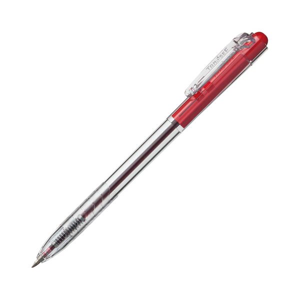スタンダードタイプの油性ボールペン。使いやすいノック式油性ボールペン 細かな書き心地で鮮やかな赤いインク 100本入りで経済的 10本×10パックでたっぷり手に入る 書類作成やメモに最適なスタンダード