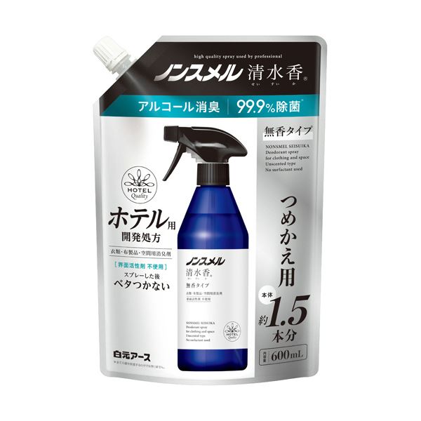 ホテル仕様！速乾タイプ。プロが選ぶ驚きの消臭！プロが厳選した消臭効果抜群のホテル仕様 速乾タイプで驚きの消臭力 清潔な無香の白元アースノンスメル、つめかえ用600mlをまとめて5パック （まとめ）白元