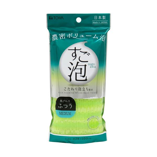 生地を凸凹させることで空気を含み素早く泡立ちます。驚異的な泡立ちを実現 空気をたっぷり含んだ、生地の凹凸が魅力のナイロンタオル 速攻で泡立ち、洗い上がりはさわやかなグリーン 1枚で十分な使い心地を提供