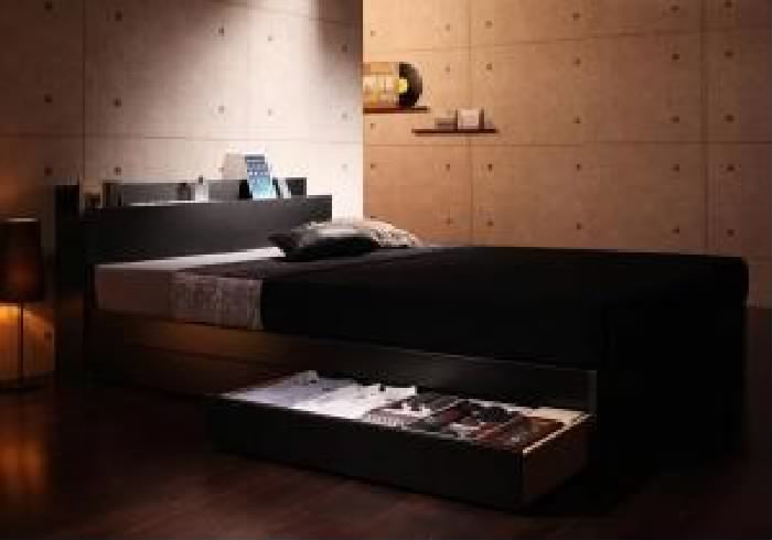 シングルベッド 黒 整理 収納付き ベッド スタンダードボンネルコイルマットレス付き セット 棚・コンセント付き整理 収納 ベッド( 幅: