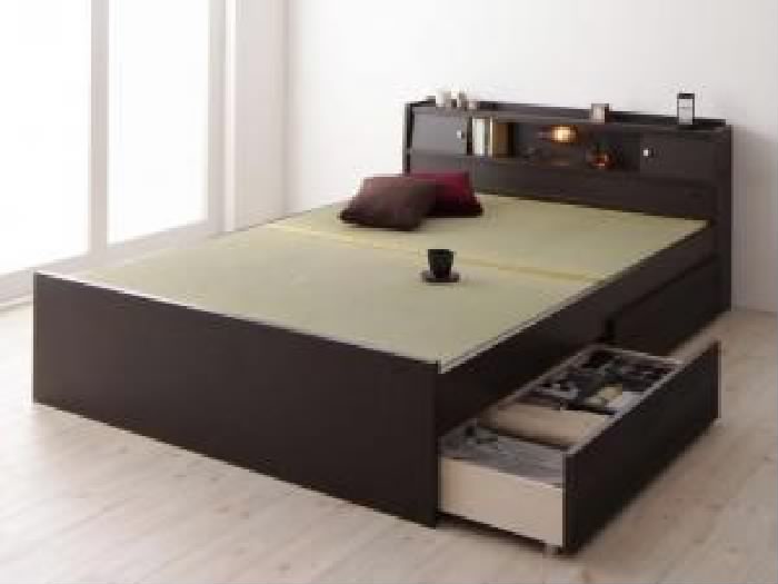ダブルベッド 畳ベッド ベッドフレームのみ 単品 高さが変えられる棚・ライト 照明 ・コンセント付き畳ベッド( 幅:ダブル)( 奥行:レギ