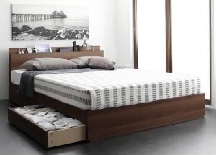 ダブルベッド 白 整理 収納付き ベッド プレミアムポケットコイルマットレス付き セット スリム棚・4口コンセント付き整理 収納 ベッド(