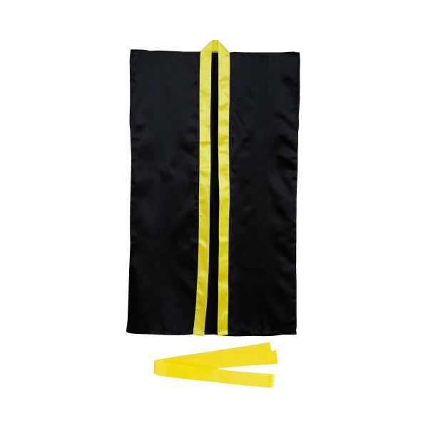 (まとめ) サテンロングハッピ Lサイズ 黒（黄襟） 【×2セット】 黒い黄襟のロングハッピLサイズ、サテンの魅力が溢れる