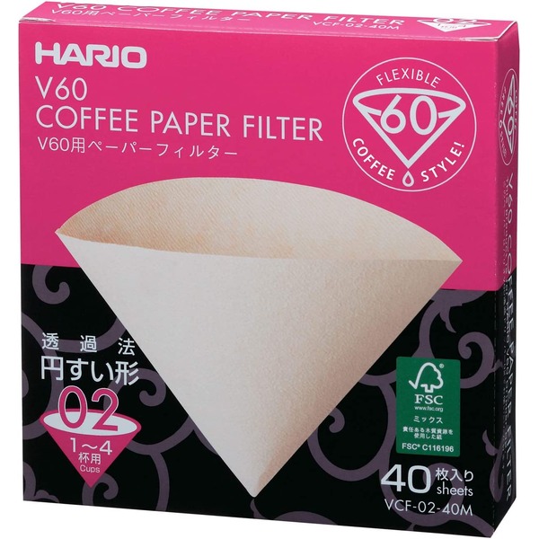 〔5個セット〕 HARIO V60用 ペーパーフィルター 02 箱 1〜4杯用 未晒し 40枚入 日本製 国産 紙 パルプ100％ コーヒーフィルター