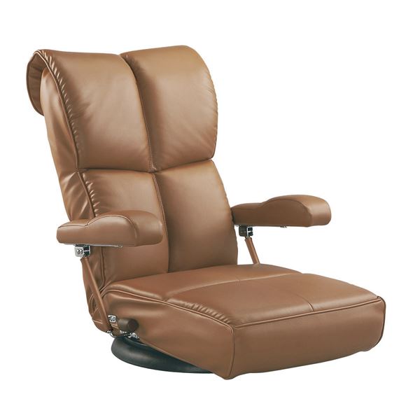 座椅子 (イス チェア) 幅62cm ブラウン 合皮 フェイクレザー 肘付き 13段リクライニング 座面360度回転 日本製 国産 スーパーソフトレザ