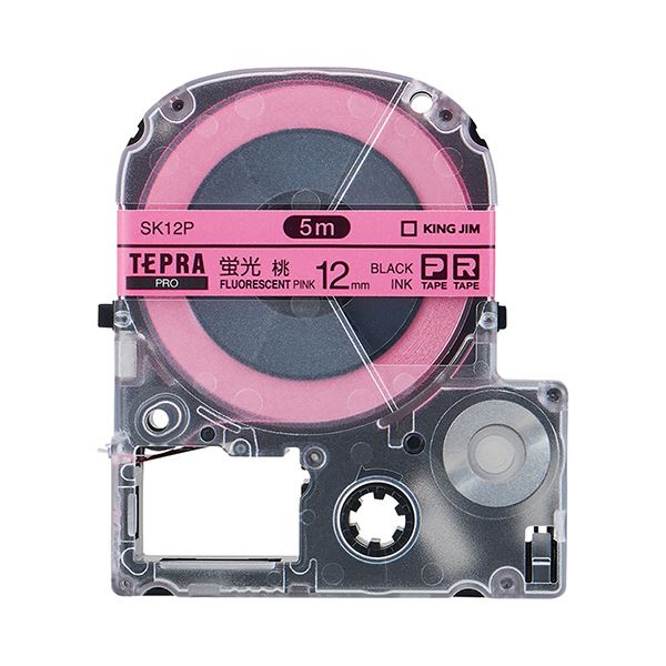 （まとめ） キングジム テプラ PRO テープカートリッジ 12mm 蛍光ピンク／黒文字 SK12P 1個 【×5セット】 鮮やかなピンクで黒文字が映え