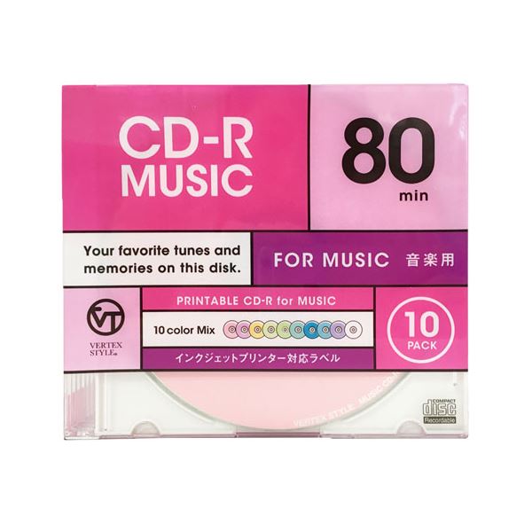 (まとめ)VERTEX CD-R(Audio) 80分 10P カラーミックス10色 インクジェットプリンタ対応 10CDRA.CMIX.80VXCA【×5セット】 送料無料