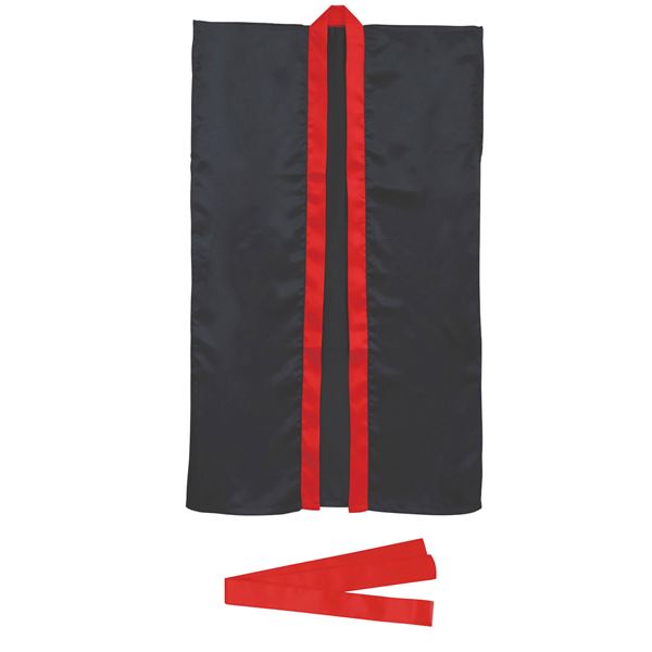 （まとめ）サテンロングハッピ黒（襟赤）S（ハチマキ赤付）【×10セット】 黒いサテンロングハッピに赤い襟と赤いハチマキを添えた、まと