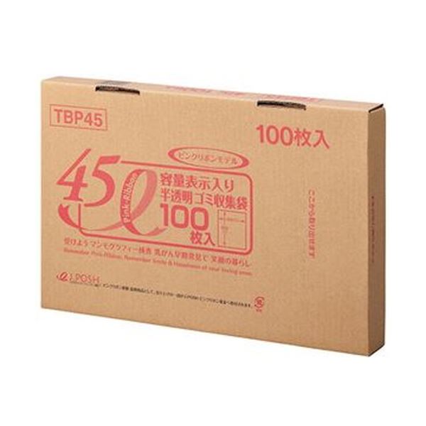 （まとめ）ジャパックス 容量表示入りゴミ袋ピンクリボンモデル 乳白半透明 45L BOXタイプ TBP45 1箱（100枚）【×10セット】 送料無料