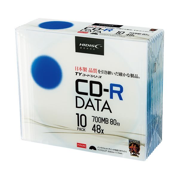 （まとめ）ハイディスク データ用CD-R700MB 48倍速 ホワイトワイドプリンタブル 5mmスリムケース TYCR80YP10SC1パック(10枚) 【×5セット