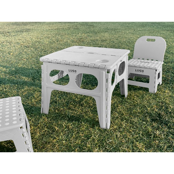 LUGS 折りたたみ式コンパクトテーブル 机 ＆チェア (イス 椅子) 2点セット グレー 折りたたみでコンパクトなテーブル＆チェアセット 快適